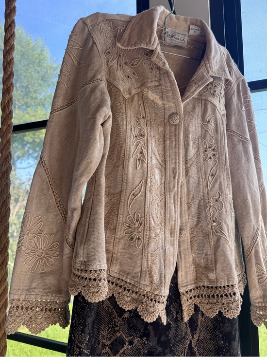 Flashback Jackets & Blazers - Embroidered and beaded Crochet Hem Beige Women's Jacket